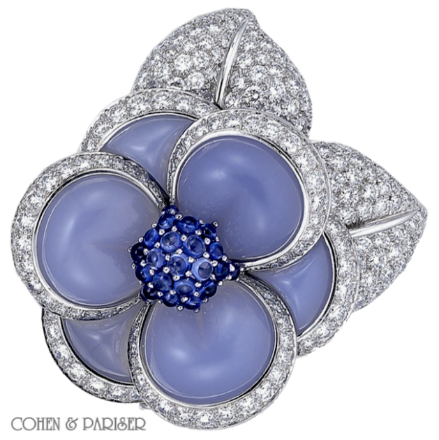 Van Cleef and Arpels Chalcedony, Sapphire and Diamond Pin